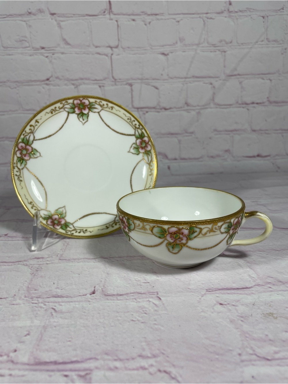Vintage Hand Painted Nippon Moriage Floral Teacup and Saucer Set with Gold Trim